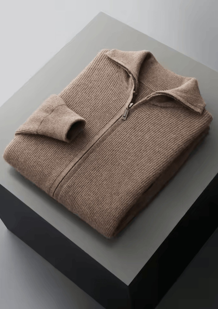 WOOL RIBBED ZIPPER CARDIGAN