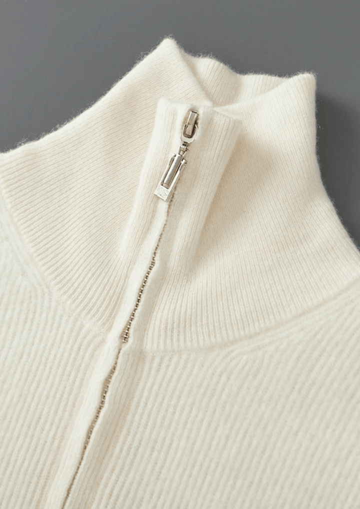 WOOL RIBBED ZIPPER CARDIGAN