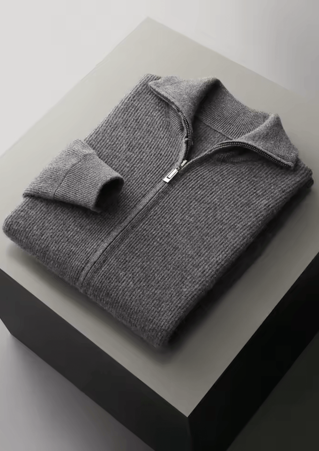 WOOL RIBBED ZIPPER CARDIGAN