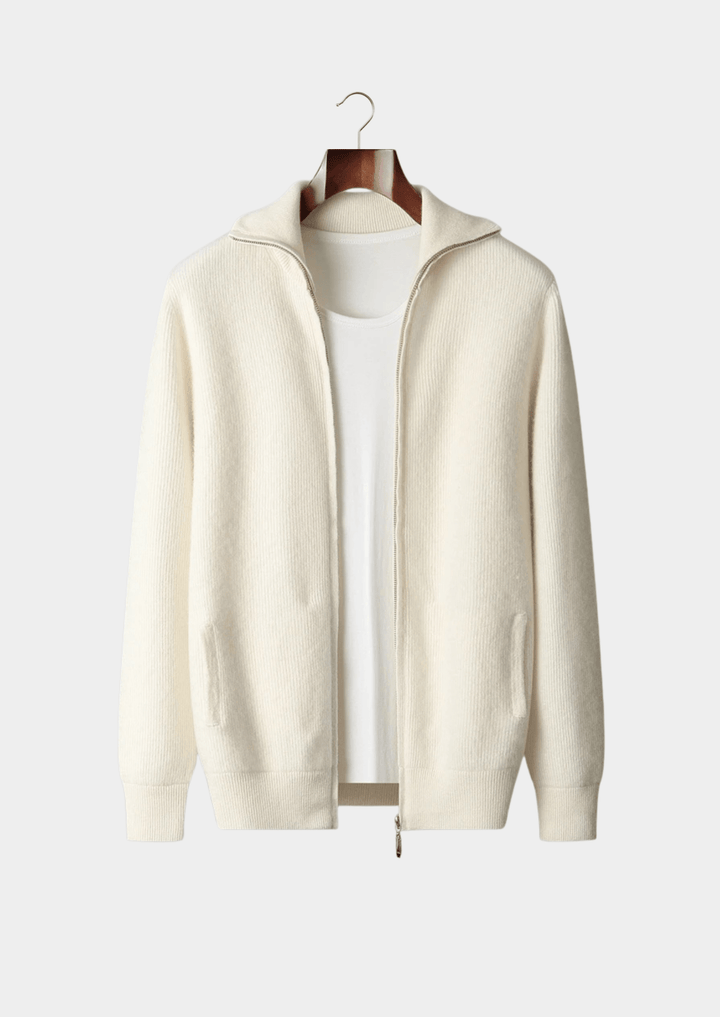 WOOL RIBBED ZIPPER CARDIGAN