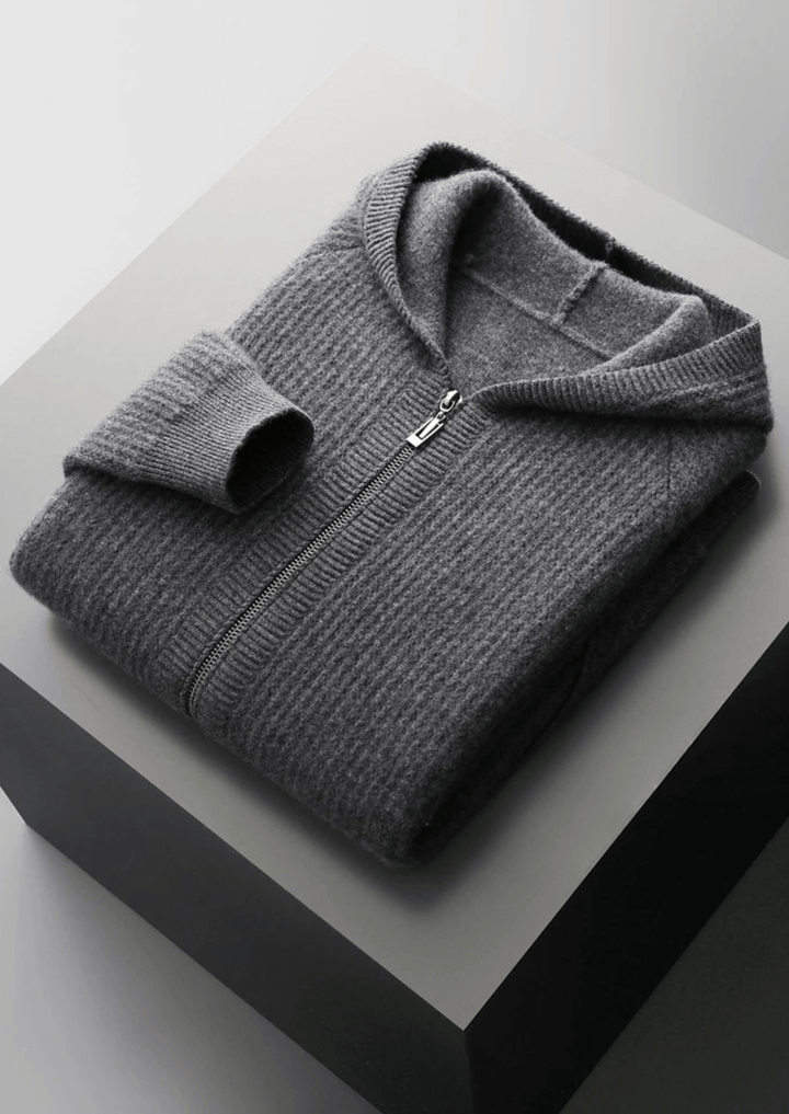 WOOL RIBBED ZIPPER HOODIE