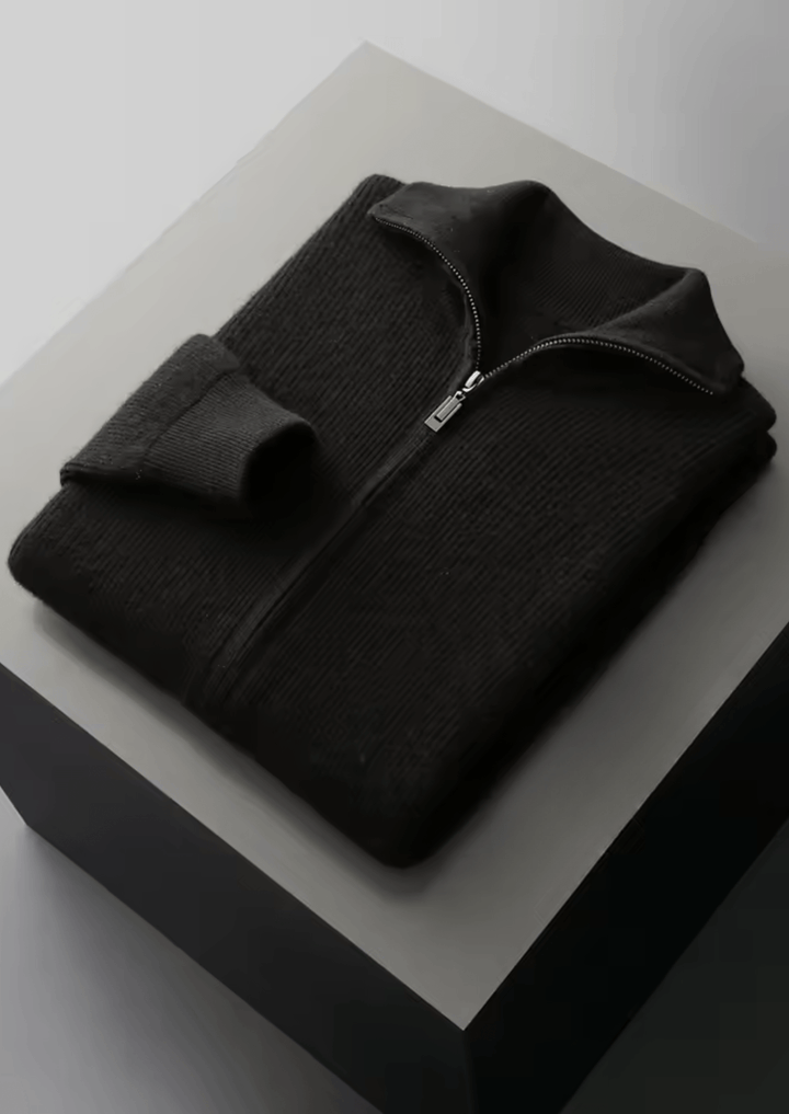 WOOL RIBBED ZIPPER CARDIGAN