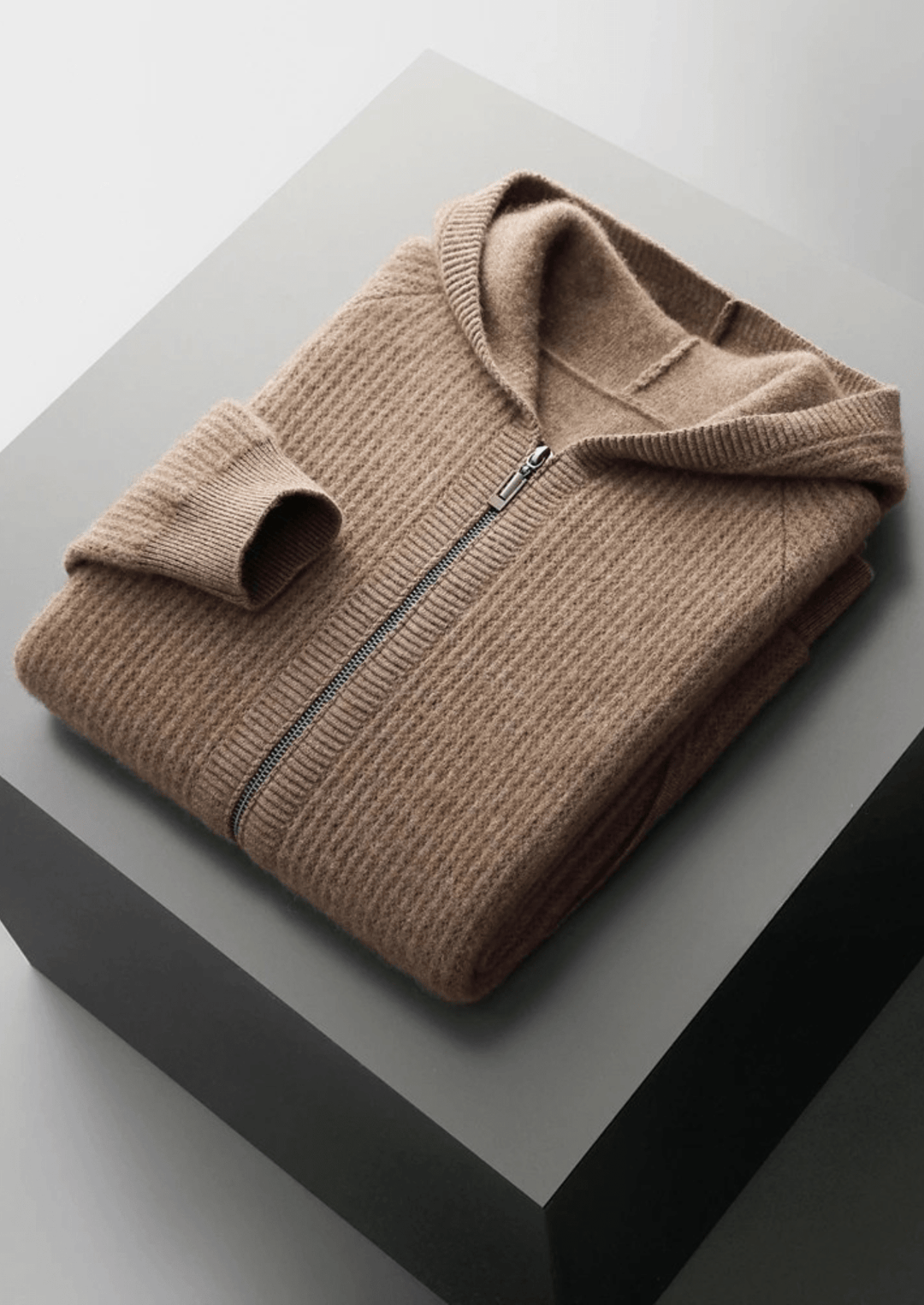 WOOL RIBBED ZIPPER HOODIE